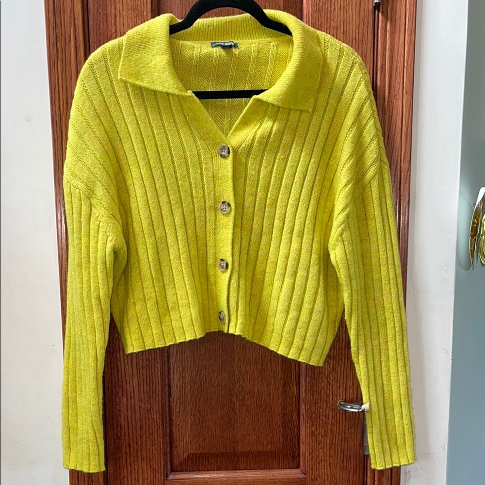 Lime Green Ribbed Button-Up Crop Sweater